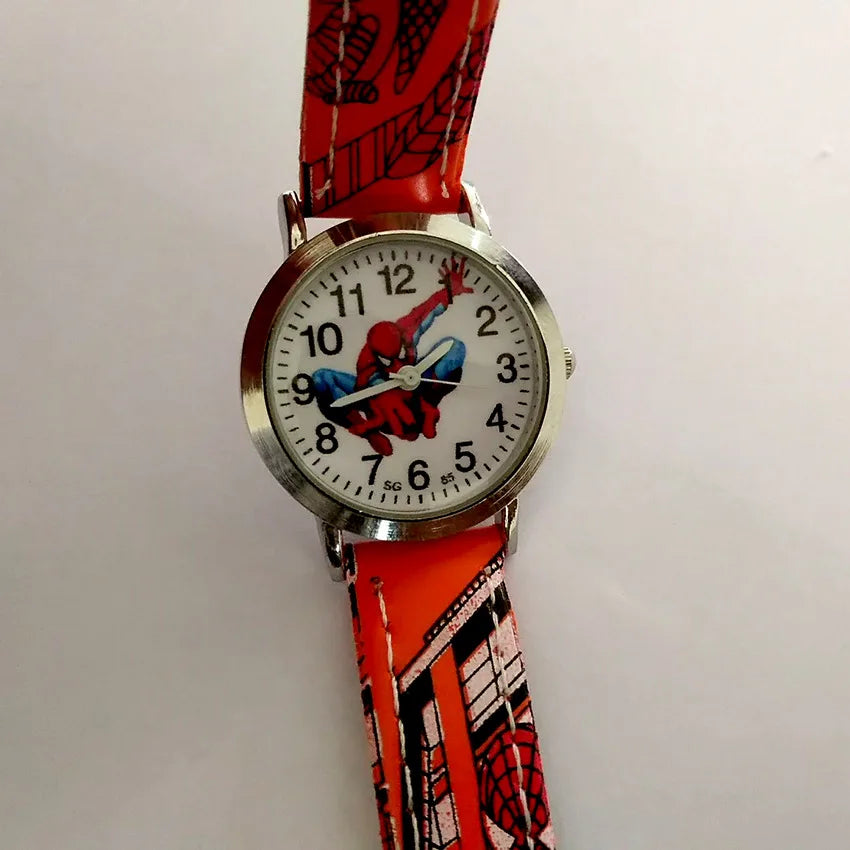 Cute Cartoon Spider-Man Leather Quartz Watch for Kids