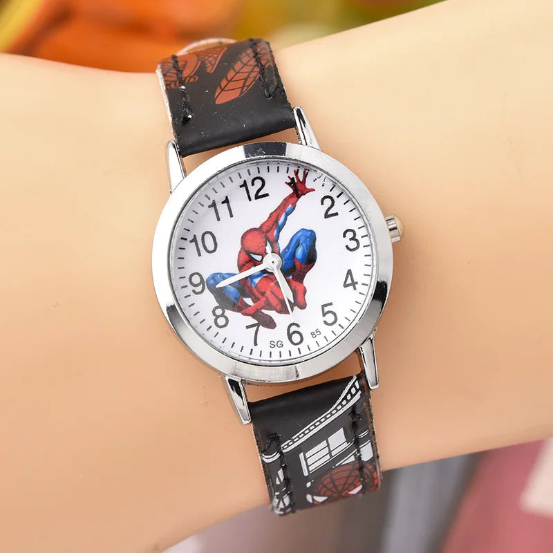 Cute Cartoon Spider-Man Leather Quartz Watch for Kids