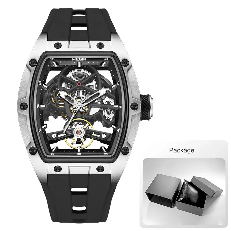 Men's Automatic Mechanical Skeleton Watch with Stainless Steel Case and Silicone Band