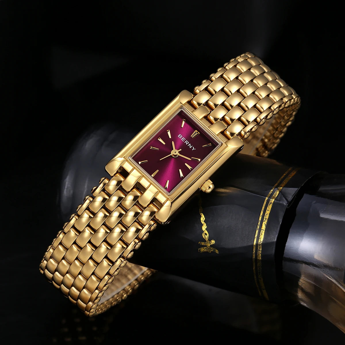 Burgundy Red Luxury Women's Quartz Square Watch with Stainless Steel Band