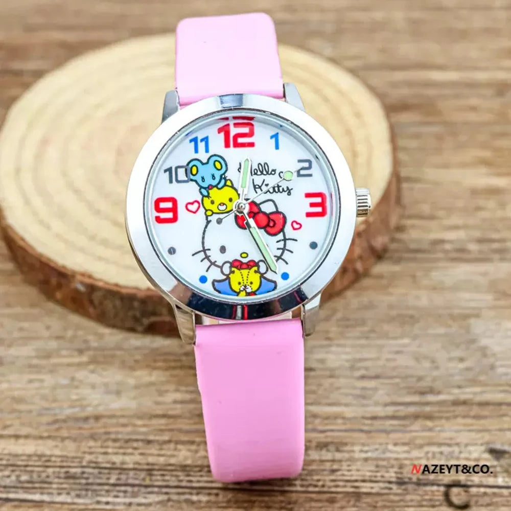 Hello Kitty Cartoon Quartz Watch with Leather Strap for Kids