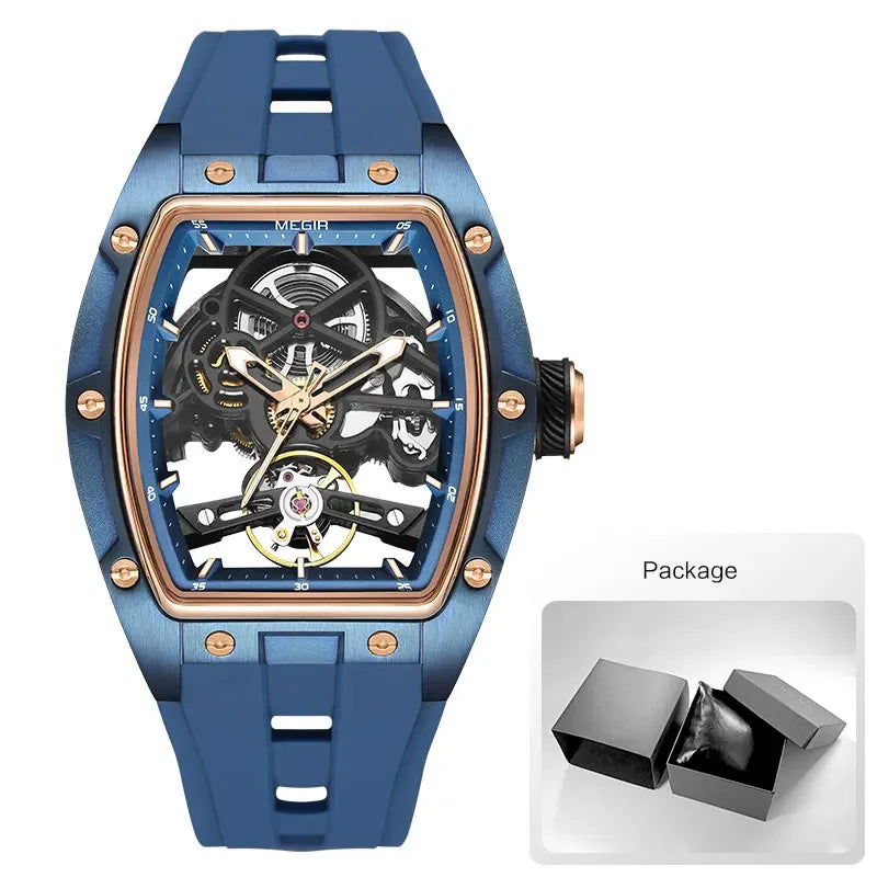 Men's Automatic Mechanical Skeleton Watch with Stainless Steel Case and Silicone Band