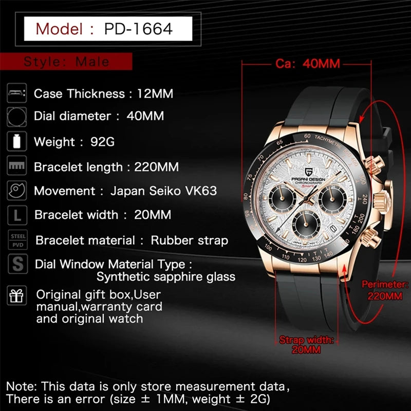 40mm Men's Quartz Chronograph Watch with Sapphire Crystal and Waterproof Design