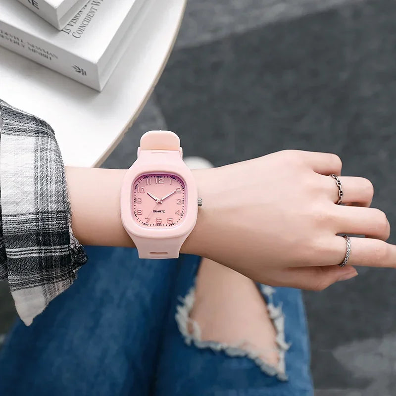 Cute Pink Square Quartz Watch for Women and Girls