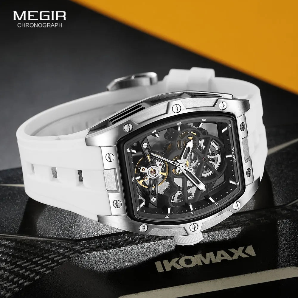 Men's Automatic Mechanical Skeleton Watch with Stainless Steel Case and Silicone Band