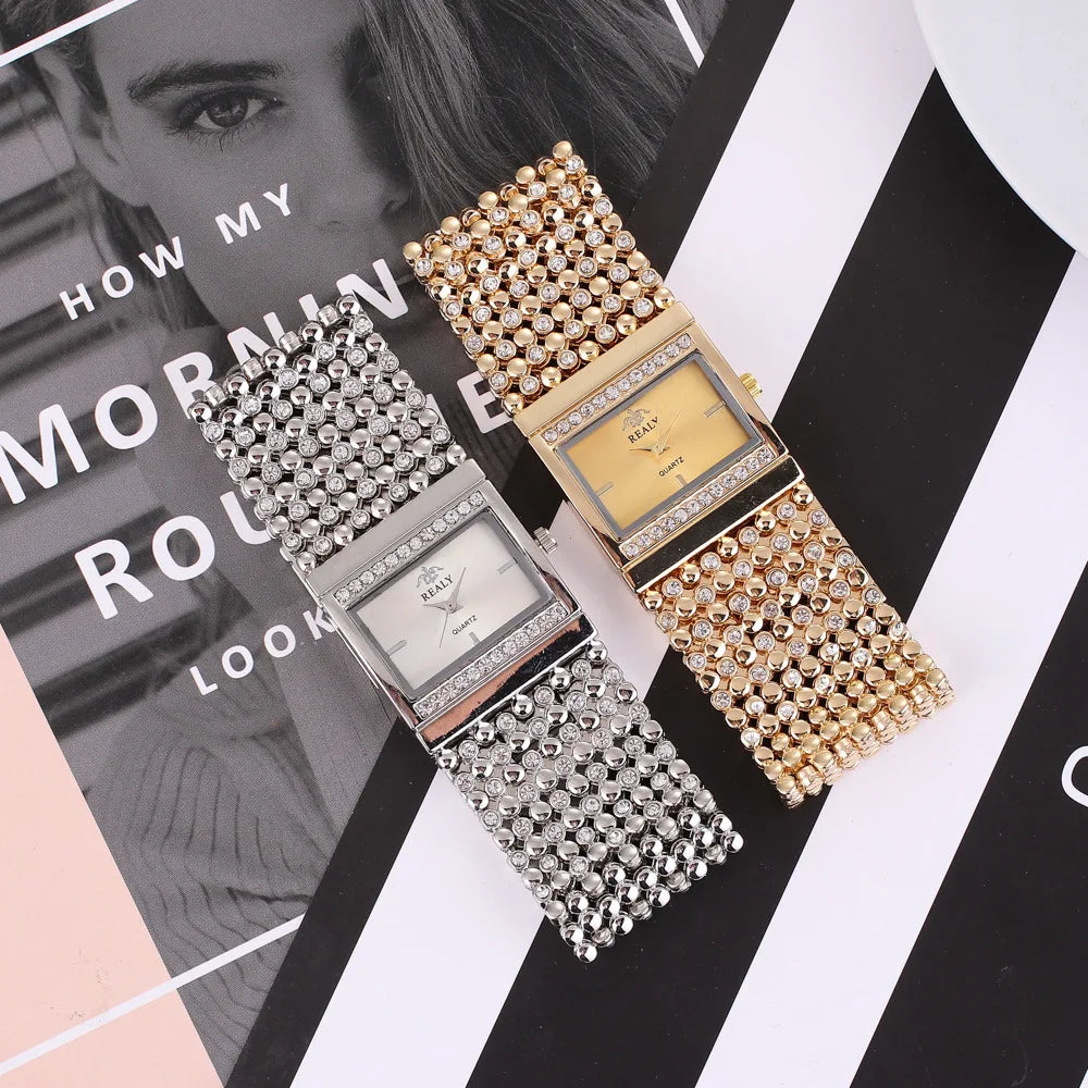 Luxury Casual Women's Square Full Diamond Bracelet Watch
