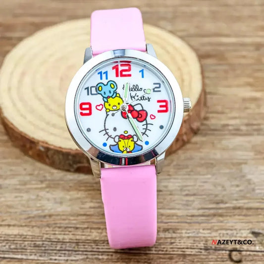 Hello Kitty Cartoon Quartz Watch with Leather Strap for Kids