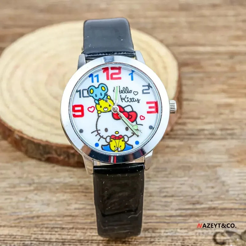 Hello Kitty Cartoon Quartz Watch with Leather Strap for Kids
