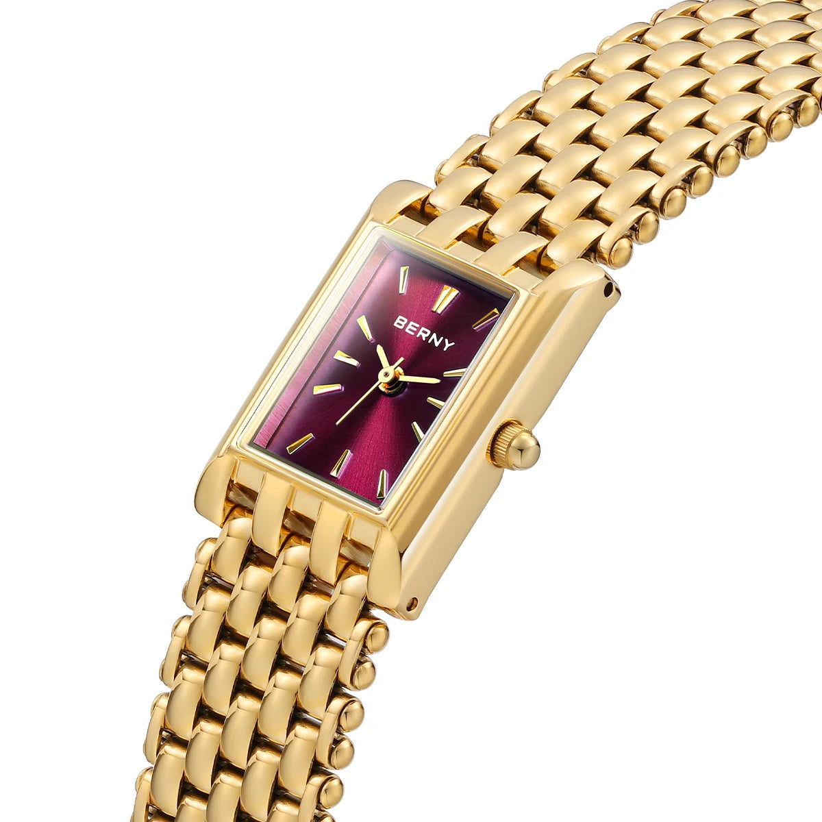 Burgundy Red Luxury Women's Quartz Square Watch with Stainless Steel Band