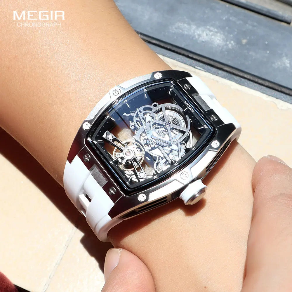 Men's Automatic Mechanical Skeleton Watch with Stainless Steel Case and Silicone Band