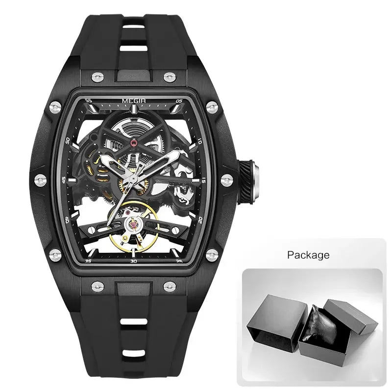 Men's Automatic Mechanical Skeleton Watch with Stainless Steel Case and Silicone Band