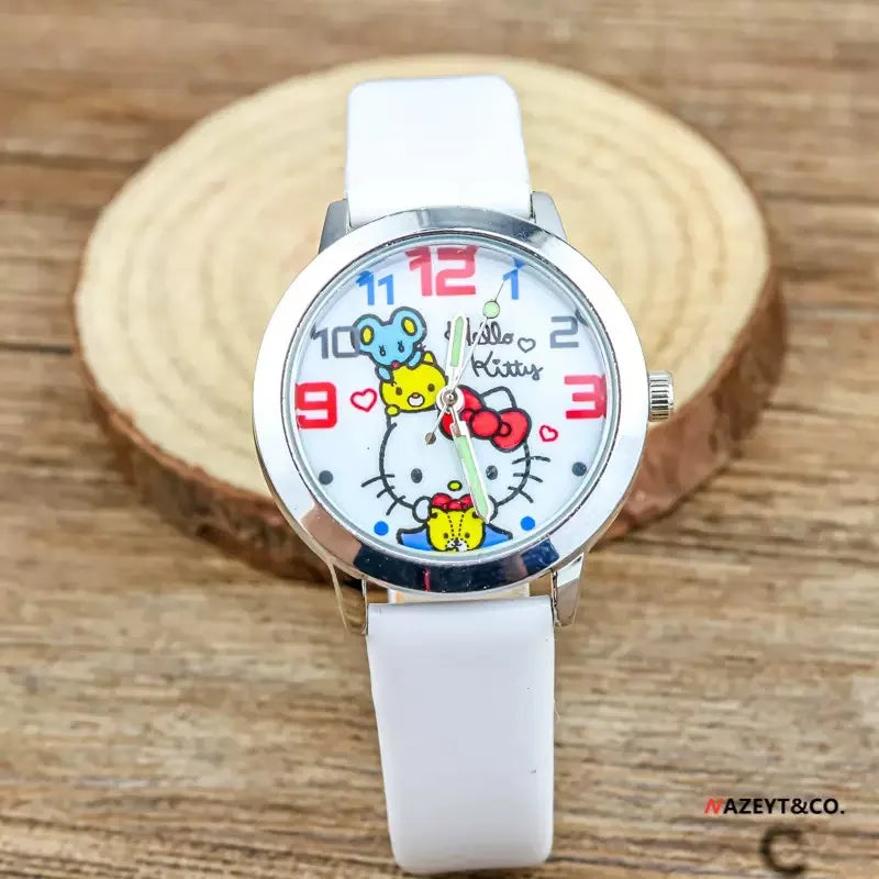 Hello Kitty Cartoon Quartz Watch with Leather Strap for Kids