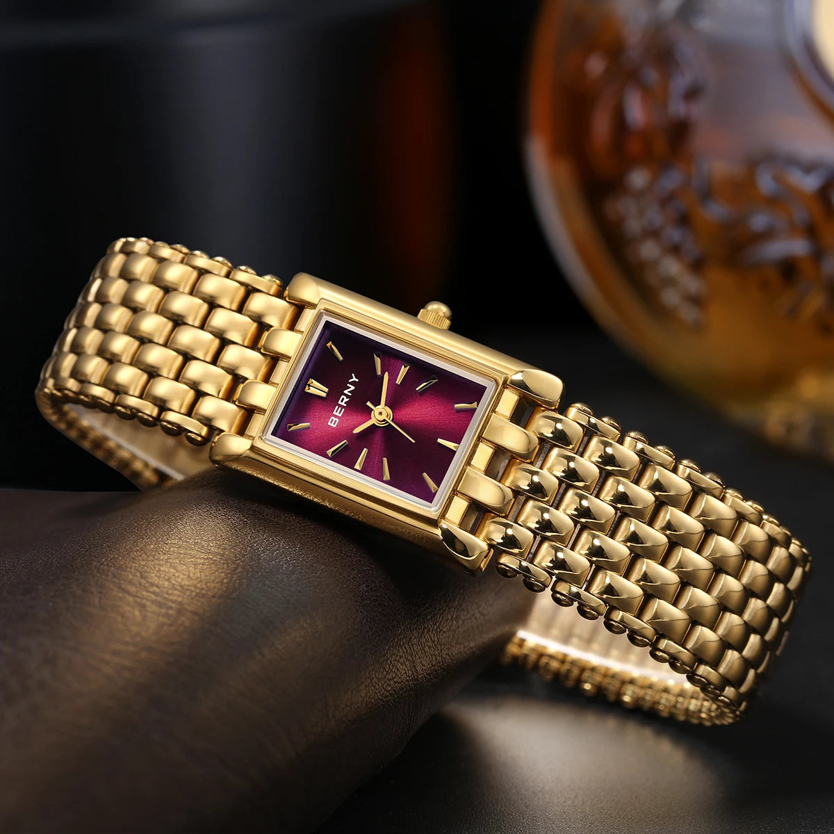 Burgundy Red Luxury Women's Quartz Square Watch with Stainless Steel Band
