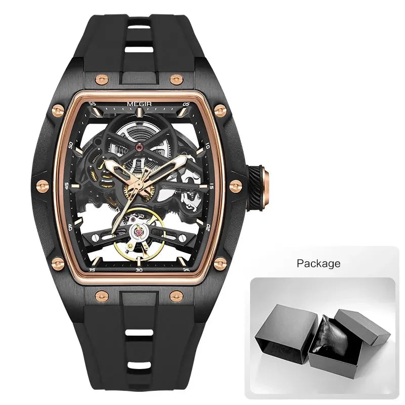Men's Automatic Mechanical Skeleton Watch with Stainless Steel Case and Silicone Band