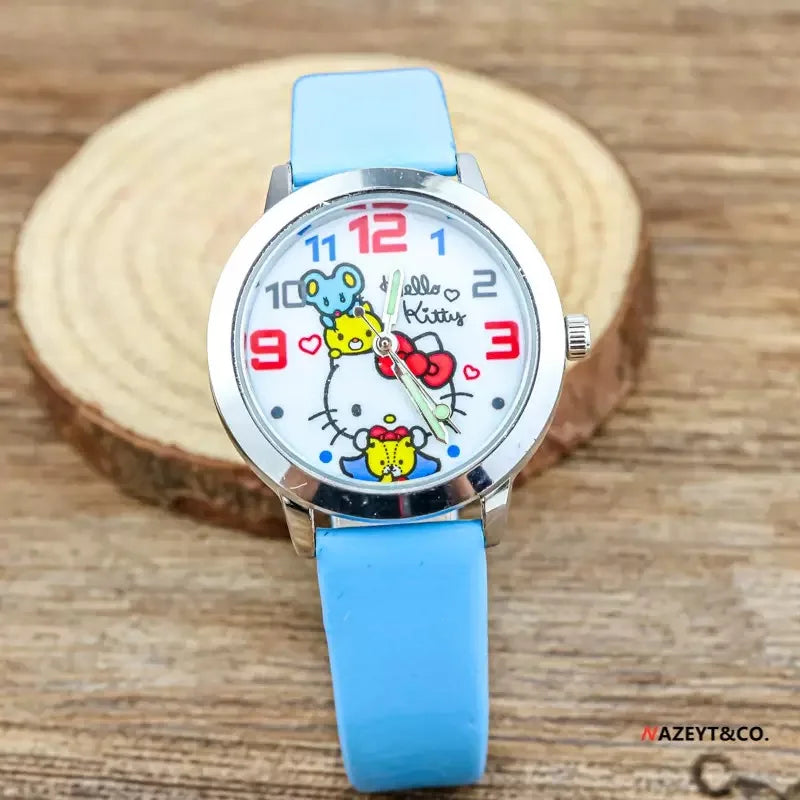 Hello Kitty Cartoon Quartz Watch with Leather Strap for Kids