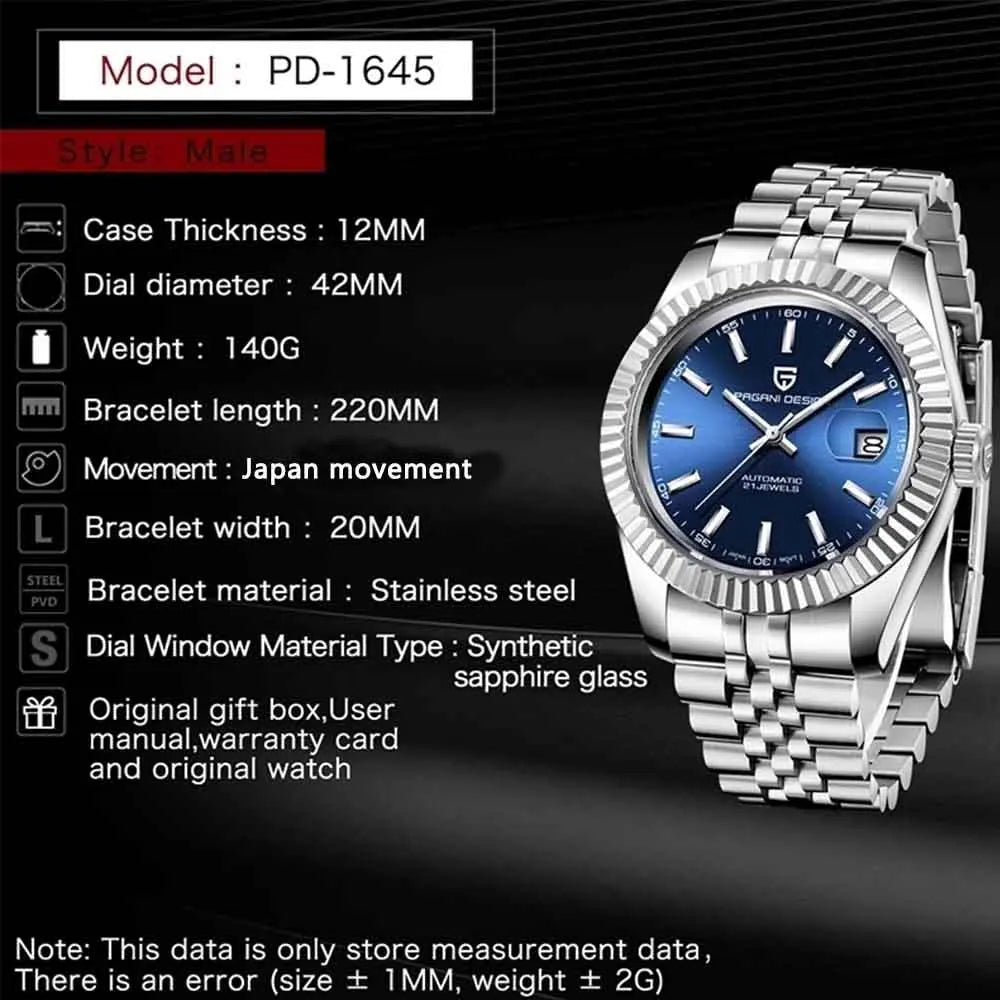 Men's 42MM Automatic Mechanical Watch with Sapphire Glass and Stainless Steel Band