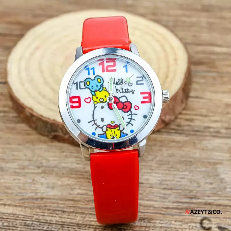 Hello Kitty Cartoon Quartz Watch with Leather Strap for Kids