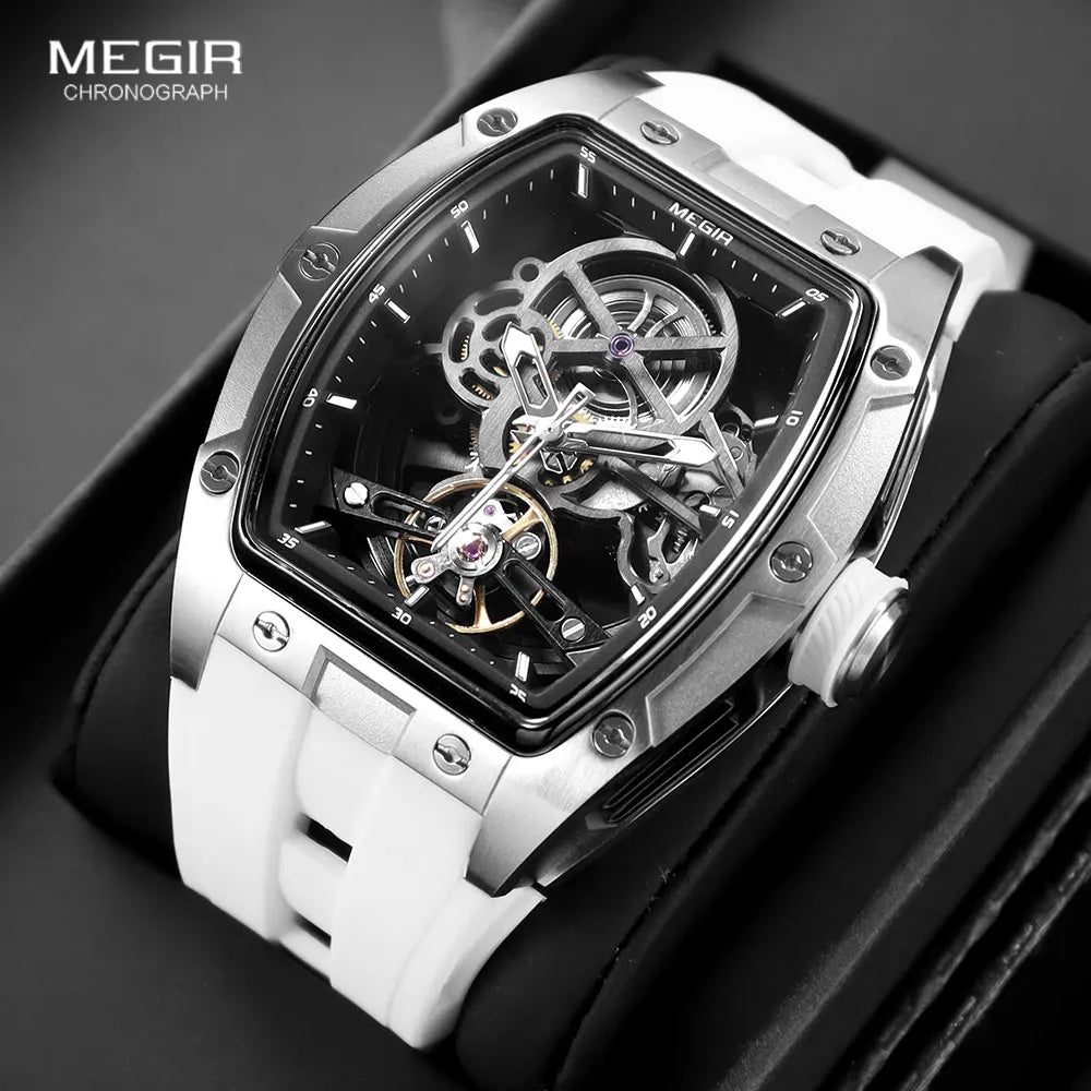 Men's Automatic Mechanical Skeleton Watch with Stainless Steel Case and Silicone Band