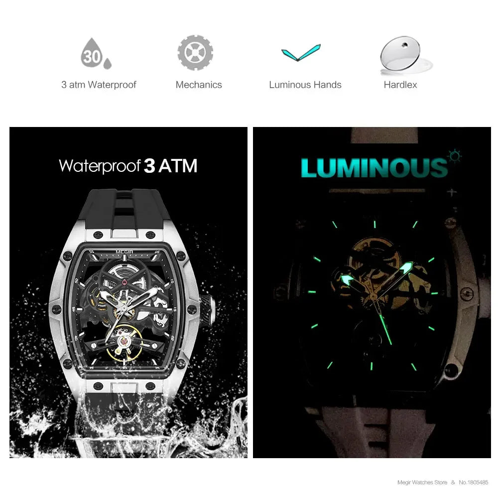Men's Automatic Mechanical Skeleton Watch with Stainless Steel Case and Silicone Band