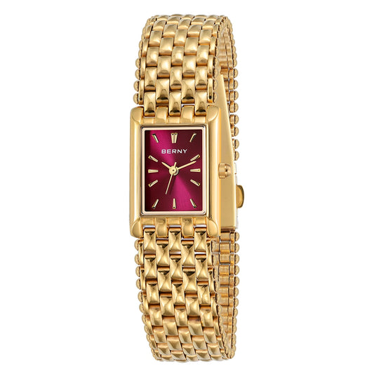 Burgundy Red Luxury Women's Quartz Square Watch with Stainless Steel Band