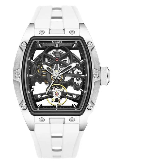 Men's Automatic Mechanical Skeleton Watch with Stainless Steel Case and Silicone Band