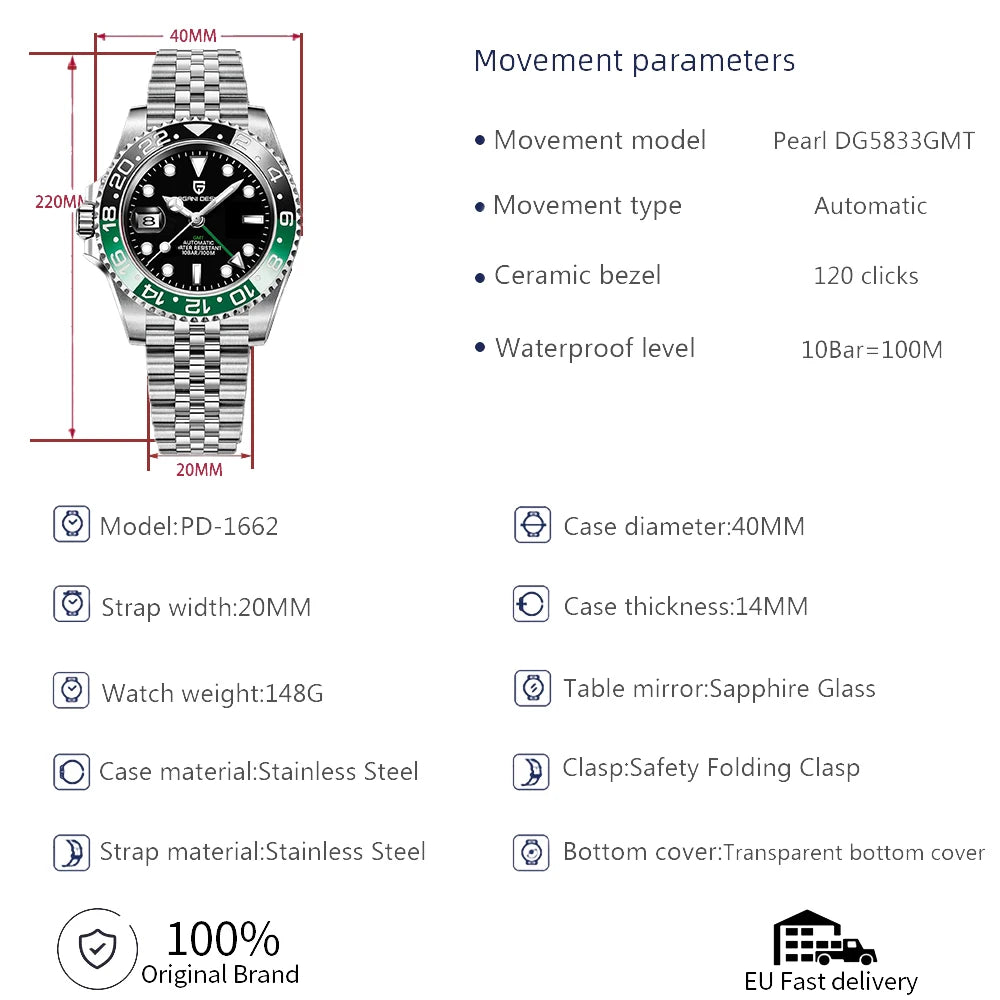 Luxury GMT Mechanical Wristwatch with Sapphire Glass and 100M Water Resistance