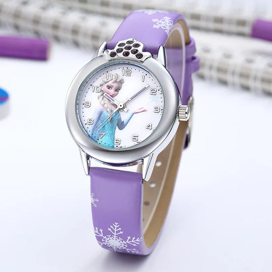 Elsa Princess Girls Watch with Leather Strap - Cute Cartoon Wristwatch