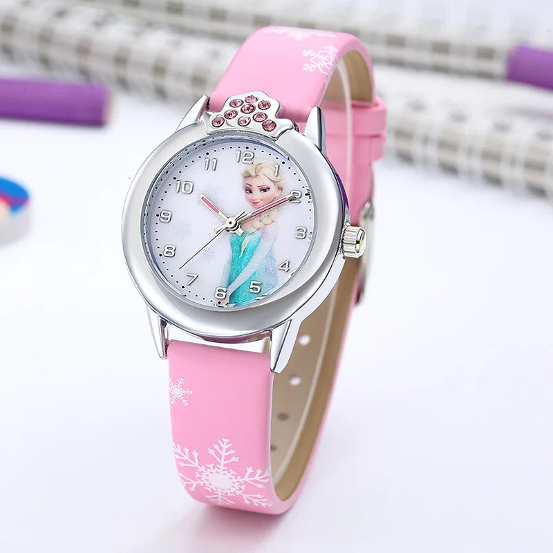 Elsa Princess Girls Watch with Leather Strap - Cute Cartoon Wristwatch