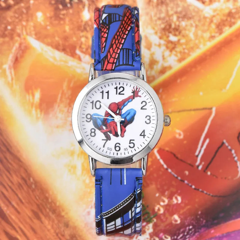 Cute Cartoon Spider-Man Leather Quartz Watch for Kids