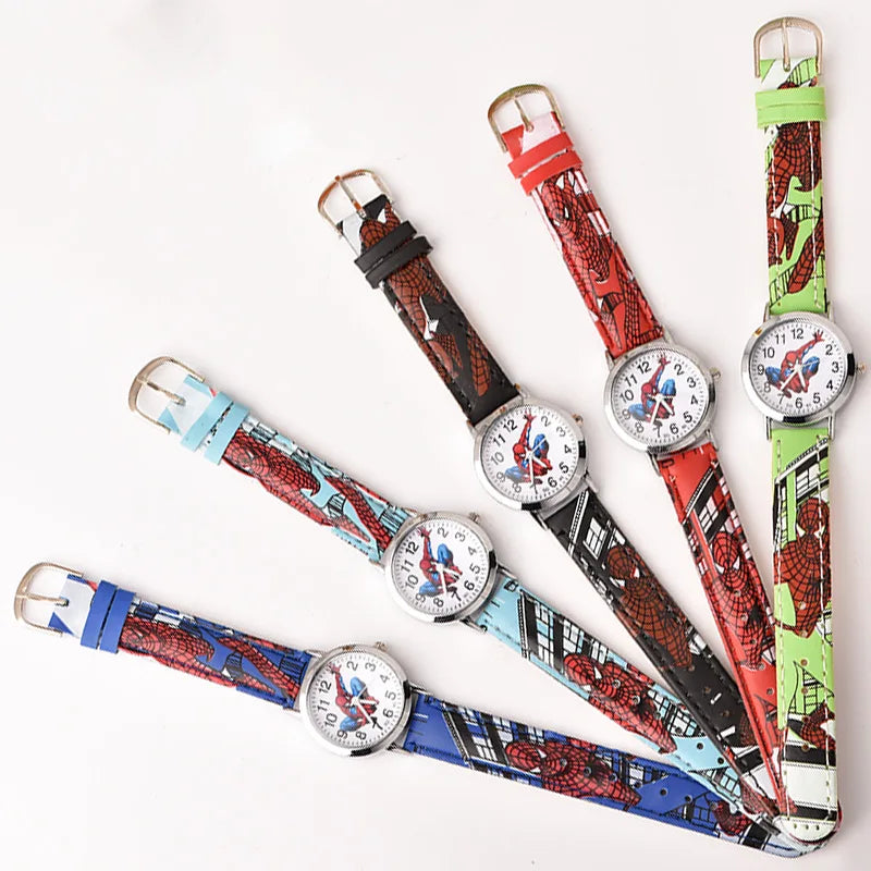 Cute Cartoon Spider-Man Leather Quartz Watch for Kids