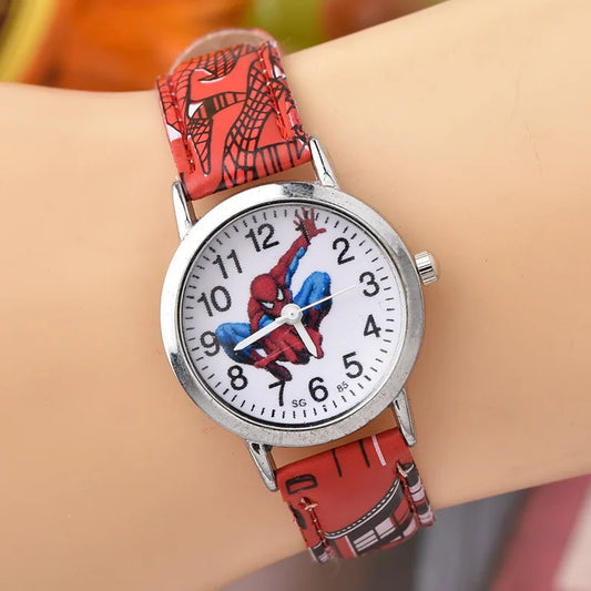 Cute Cartoon Spider-Man Leather Quartz Watch for Kids