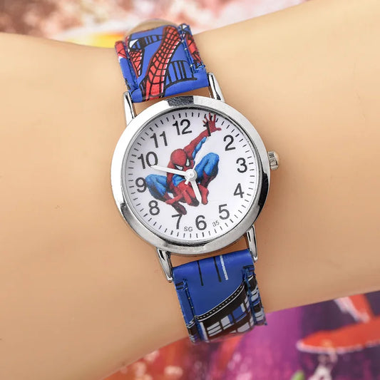 Cute Cartoon Spider-Man Leather Quartz Watch for Kids