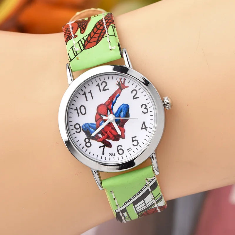 Cute Cartoon Spider-Man Leather Quartz Watch for Kids