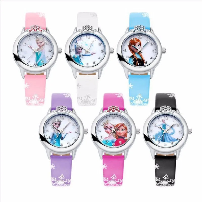 Elsa Princess Girls Watch with Leather Strap - Cute Cartoon Wristwatch