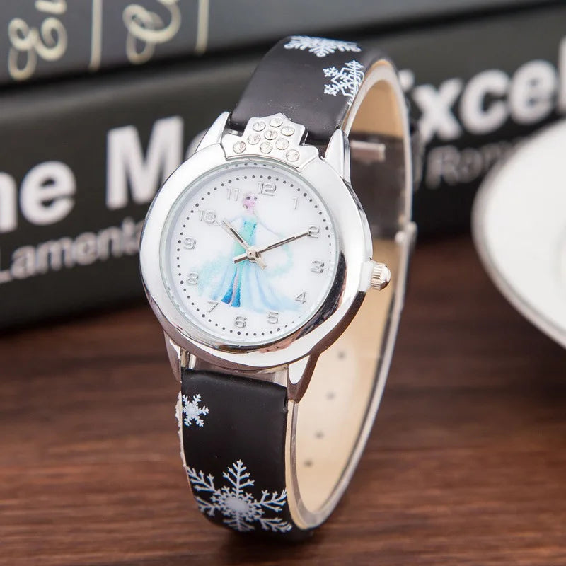 Elsa Princess Girls Watch with Leather Strap - Cute Cartoon Wristwatch