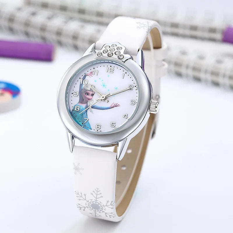 Elsa Princess Girls Watch with Leather Strap - Cute Cartoon Wristwatch