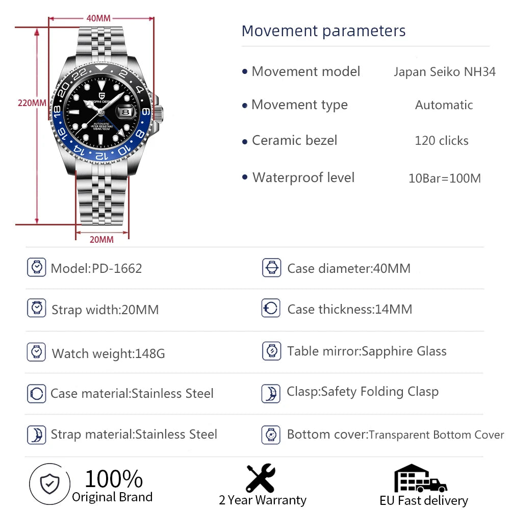 40MM Luxury Men’s Automatic GMT Mechanical Wristwatch with Waterproof Features