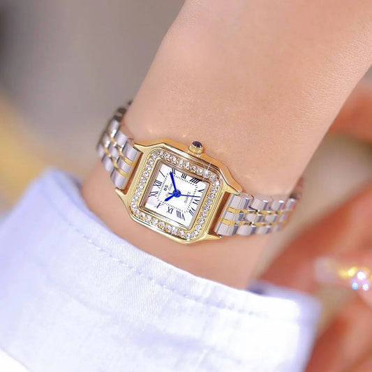Elegant Square Women's Watch with Diamond Dial and Stainless Steel Strap