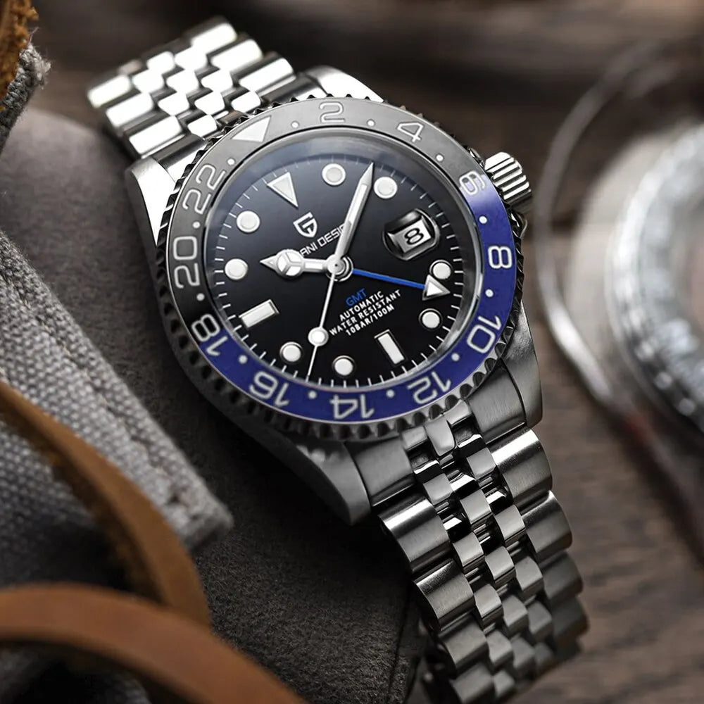 Luxury GMT Men’s Mechanical Wristwatch with Sapphire Glass and 100M Waterproof