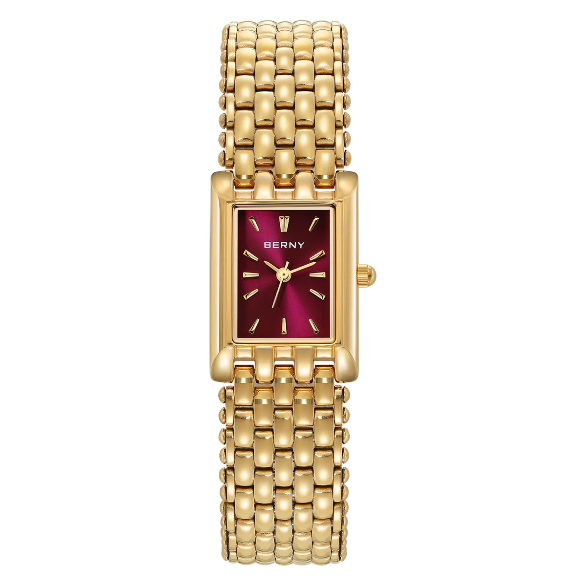 Burgundy Red Luxury Women's Quartz Square Watch with Stainless Steel Band