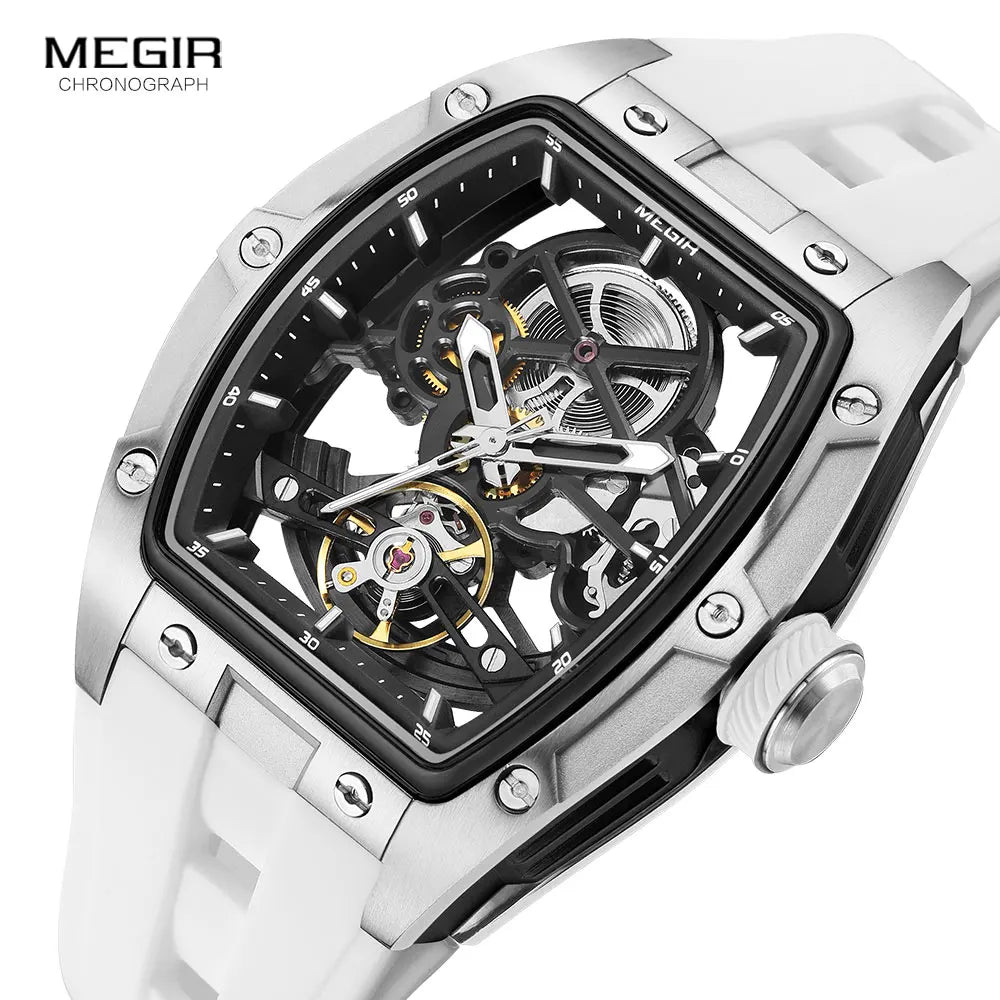 Men's Automatic Mechanical Skeleton Watch with Stainless Steel Case and Silicone Band