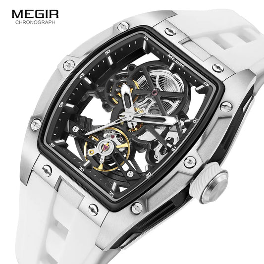 Men's Automatic Mechanical Skeleton Watch with Stainless Steel Case and Silicone Band