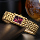 Burgundy Red Luxury Women's Quartz Square Watch with Stainless Steel Band