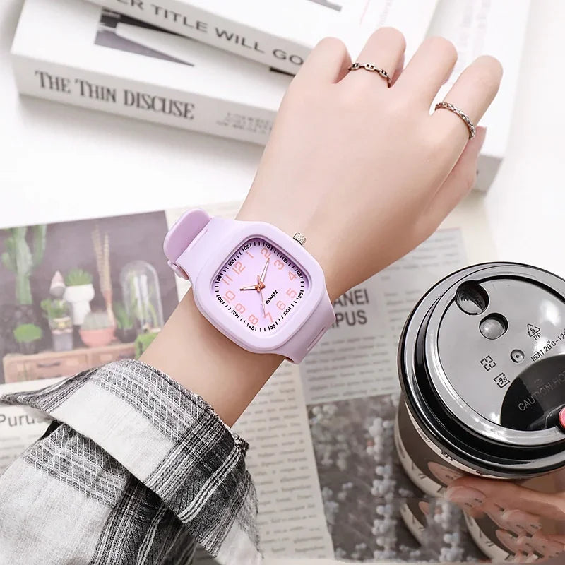 Cute Pink Square Quartz Watch for Women and Girls