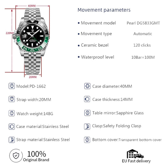 Luxury GMT Mechanical Wristwatch with Sapphire Glass and 100M Water Resistance
